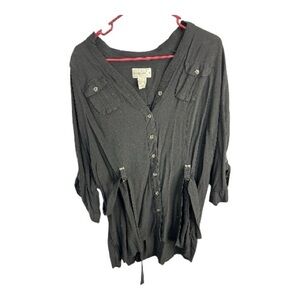 Time and A Half Women’s Black Button Down V-Neck Top with Tie Belt Size 1X